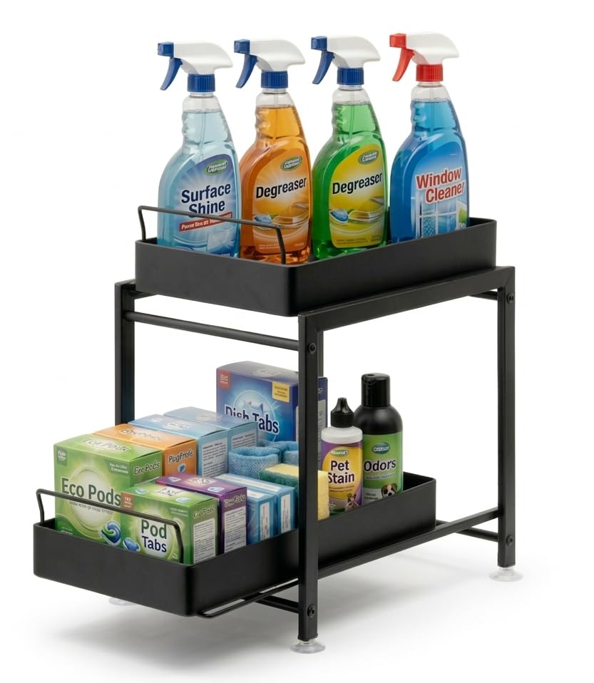 Mumimi Rangement Sous Évier Coulissant Métal Noir 2 Niveaux – Étagère Sous Évier Gain de Place – Organisateur Cuisine et Salle de Bain Stable et Durable