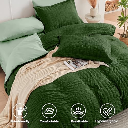Image of HYMOKEGE Dark Green /Sage Green Queen Comforter Set Seersucker 7 Pieces, All Season Luxury Bed in a Bag Queen for Bedroom, Bedding Set with Comforter, Sheets, Pillowcases & Shams