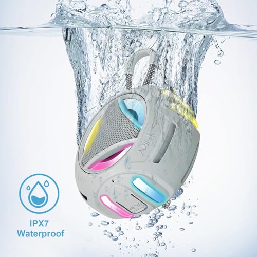 Image of Portable Bluetooth Speaker, IPX7 Waterproof Shower Speaker, Wireless Outdoor Speakers, Floating, Built-in Mic, 24H Playtime with LED Lights, Loud HD Sound, Powerful Bass, Gifts for Unisex - Gray