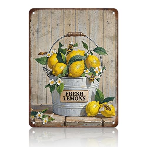 KIYOYO Panneau en étain humoristique « Welcome Lemon » - 30,5 x 40,6 cm - Jaune citron - Décoration murale pour maison, cuisine, jardin, restaurant, grotte