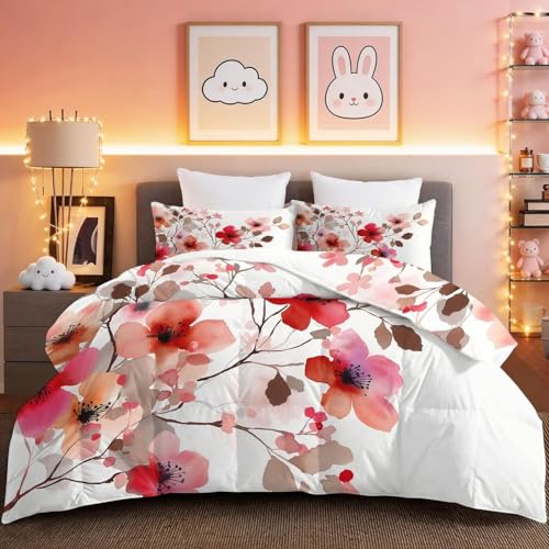 Genérico Edredon Nordico Cama 105 Flores de durazno Edredón Adulto sin Funda Reversible Rosa Estampado Suave Ligero Transpirable Duvet 180x220 cm Incluye 2 Fundas de Almohada 50x75 cm YUe1839