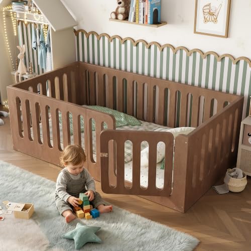 Image of Bellemave Twin Montessori Floor Bed Frame,Brown | Solid wood kids montessori floor bed with high safety fence & door, low to ground design for girls and boys