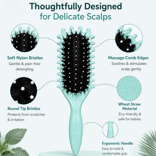 Image of GLUN Unisex Detangling Head Hair Brush, Turquoise Colour 1 Piece, Anti-Static Scalp Massage Brush, Soft Flexible Bristles, Smooth Styling Hairbrush for Wet & Dry Hair
