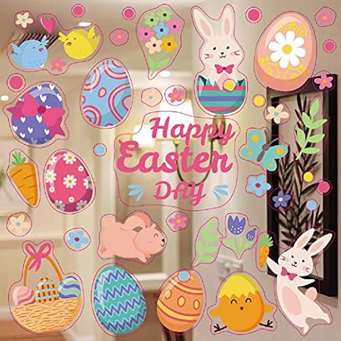 Moscare 2 Set Easter Bunny Egg Window Stickers,No Glue Static Clings Set Self-Adhesive Stickers for Easter Window Display and Decorations Cover