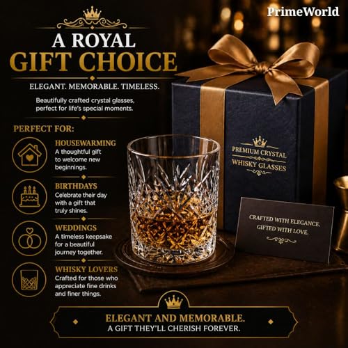 Image of PrimeWorld Crown European Crystal Whiskey Glasses Set of 6 pcs- 300 ml Bar Glass for Drinking Bourbon, Whisky, Scotch, Cocktails, Cognac- Old Fashioned Cocktail Tumblers