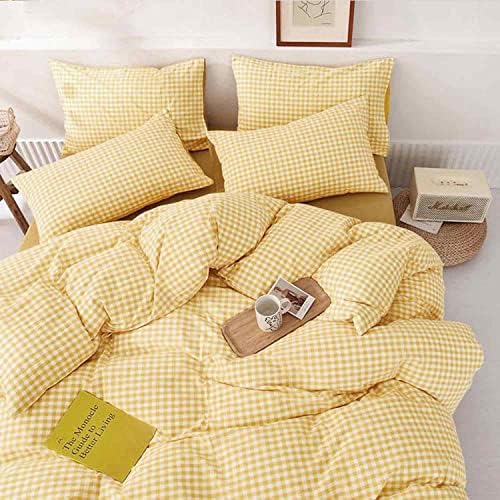ETDIFFE Yellow Grid Duvet Cover Queen Size, 3 Piece Farmhouse Buffalo Check Gingham Geometric Pattern Printed Microfiber Comforter Cover Set, Soft and Lightweight Plaid Bedding Quilt Cover
