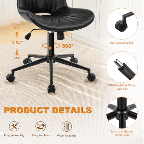 Image of Armless Office Chair, Height Adjustable Desk Chair with Wheels, Ergonomic Comfy 360 Swivel Home Office Computer Task Chair, Faux Leather Padded Cute Vanity Chair,Black
