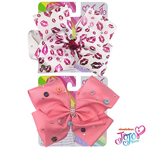 Jojo Siwa Bow for Girls Bundle, 2 Bows - White Bow with Kissing Lips and Rhinestones and Pink with Rhinestones Hair Bow
