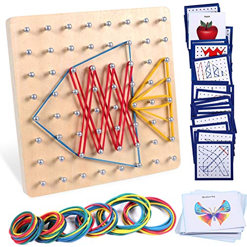 Lewo Wooden Geoboard Montessori Toys Math Manipulatives STEM Toys Educational Toys with 48 PCS Pattern Cards and Latex Bands