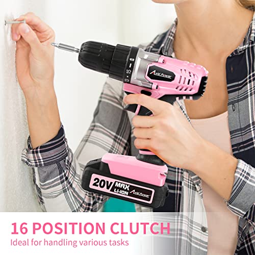 Image of AVID POWER 20V Cordless Drill Set for Home DIY & Beginner Projects - Lightweight Power Drill with Battery Charger & 22 Bits, Variable Speed, 3 /8 inch Keyless Chuck, Ideal for Furniture Assembly (Pink)