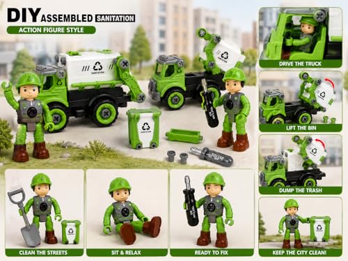Image of DIY Assembled Sanitation Truck Toy Set for Kids 3+ | Take Apart Garbage Truck with Screwdriver, Worker Figure & Tools | Educational Construction Vehicle Puzzle Assembly Toy for Boys & Girls