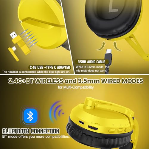Image of Wireless Gaming Headset with Noise Canceling Microphone for PS5, PC, PS4, 2.4G /Bluetooth Gaming Headphones with USB and Type-c Connector, Wired Mode for Controller - Yellow