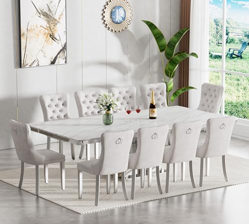 Image of 11-Piece Extendable Dining Table Set for 10, Modern 63 inch-94 inch White Faux Marble Expandable Kitchen Table Set with 10 Velvet Chairs,Large Extendable Dining Room Tables w /Mirrored Columnar Base