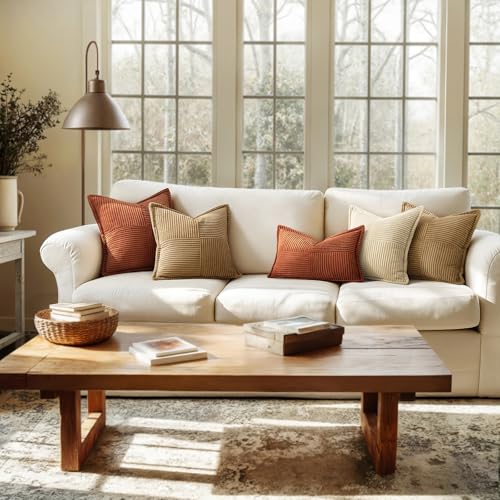 Image of MIULEE Fall Dark Rust Decorative Lumbar Throw Pillow Covers for Couch Bed Livingroom 12x20 Inch Set of 2 Boho Accent Throw Pllows Broadside Striped Patchwork Soft Corduroy Pillowcases, Terracotta