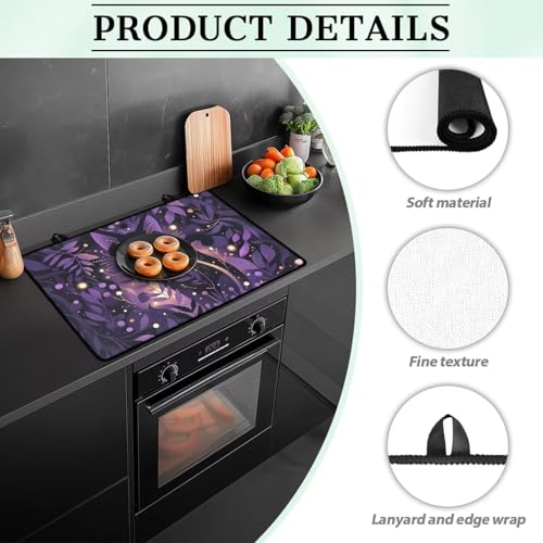 Image of Black Cat Purple Leaf Stove Top Covers for Gas Burners Electric Stove Protector Mat Anti Scalding Flat Range Stovetop Protector Halloweeen Kitchen Decoration 30x21 Inch
