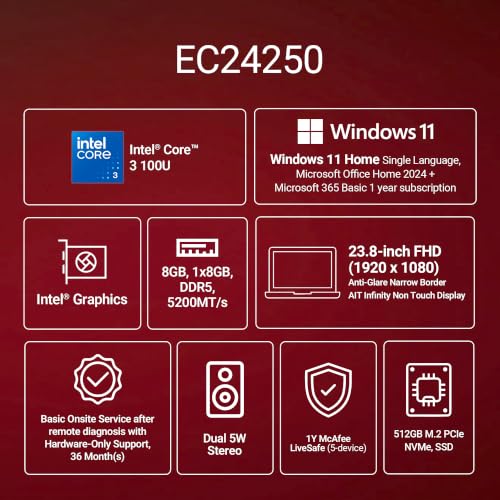 Image of Dell 24 AIO, 23.8 inch Anti-Glare FHD Infinity Display, 14th i3, 8GB DDR5, 512GB SSD, Intel Graphics, MSO 2024+O365 Basic, Wireless Keyboard Mouse, Pearl White, 3Yrs Warranty, 1Yr McAfee LiveSafe