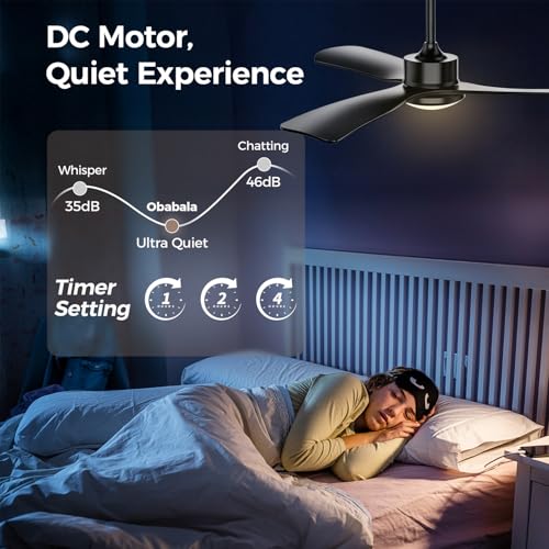 Image of Obabala 52 Inch Ceiling Fan with Light and Remote, 3 black Solid Wood Blades, DC Motor Quiet 35dB, Dimmable LED Reversible for Bedroom Living Room Indoor Outdoor, 6 Speed Timer Downrod