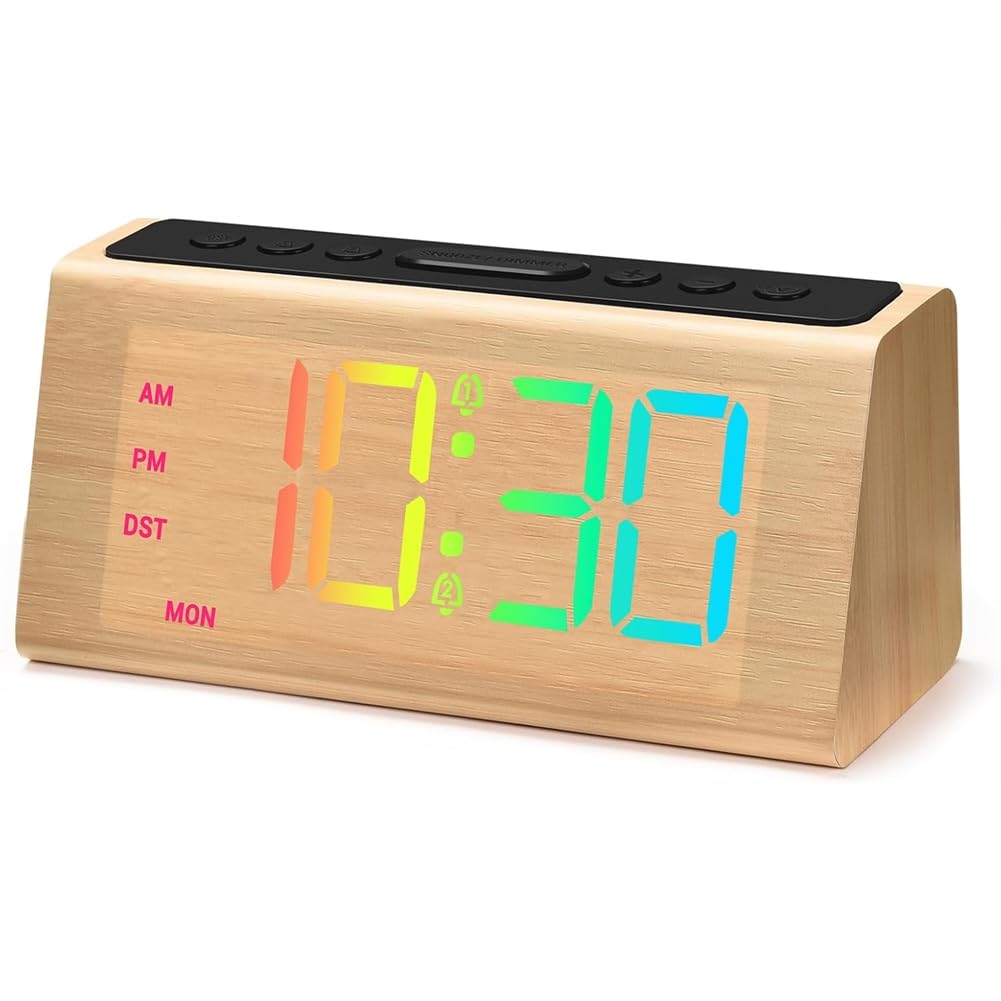 Vjsujehgy Wooden Digital Alarm Clock with USB Port for Bedroom, Electric Desk Clock Loud Alarm for Heavy Sleepers, Snooze DST Bamboo