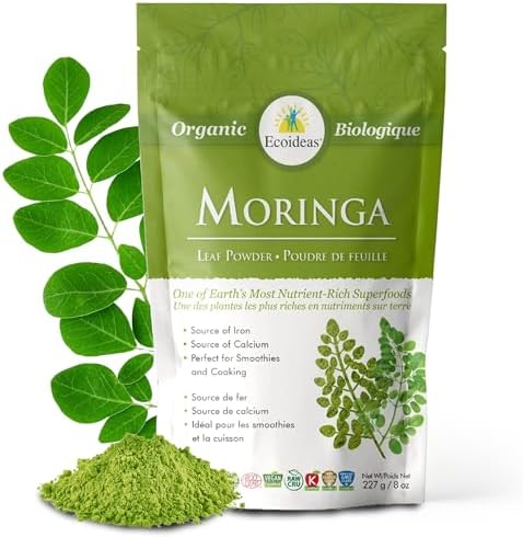 Ecoideas Org. Moringa Powder, 8 OZ Bag - Certified Organic, Kosher, Vegan, Gluten-free, Non-GMO, and RAW CRU
