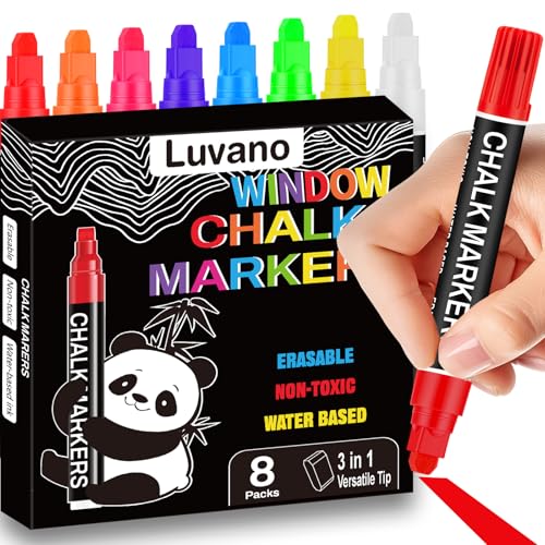 Luvano Window Chalk Markers for Glass Washable 8mm 3-in-1 Jumbo Liquid Chalk Marker Thick Nib Erasable Car Paint Pens for Auto Window Mirror LED Board Bistro & Poster Art - 8 Colors