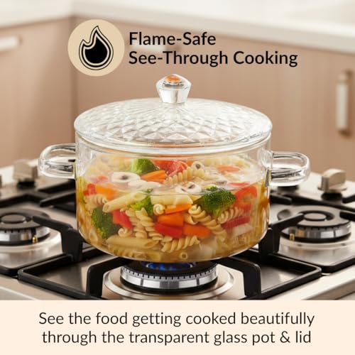 Image of Nestasia Borosilicate Glass Cooking Pot on Gas Stove (1800 ml) - Fluted Casserole with Embossed Glass Lid | Microwave & Dishwasher Safe Durable Handi for Kitchen