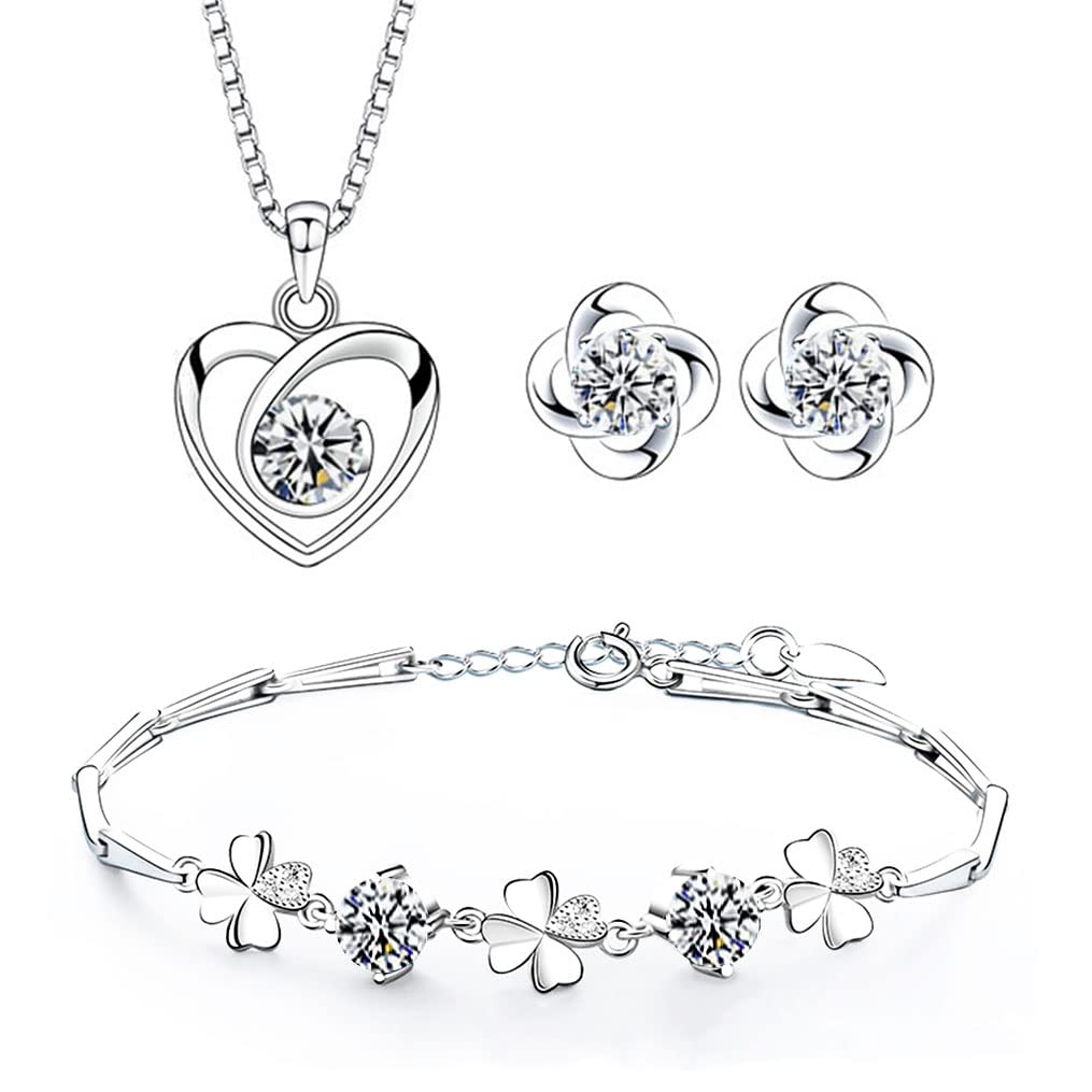 Juego de joyas de plata para mujer, pendientes de tuerca de plata de ley 925, collar y pulsera con circonita cúbica 5A, colgante de corazón, juego de joyas de trébol, regalo para Navidad,