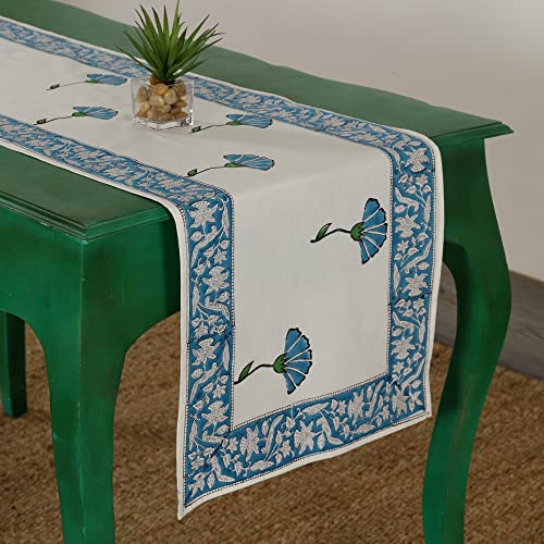 Image of Ravaiyaa - Attitude is Everything Hand Block Printed Cotton Table Runner | Floral Printed Table Runner for Home Decor, Kitchen | 60 x 16 Inch-(Turquoise Floral)