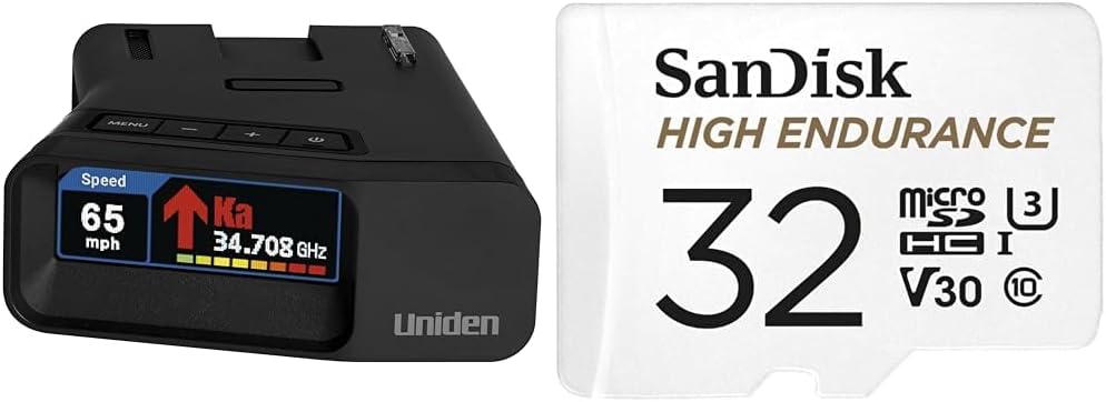 Uniden R7 Extreme Long Range Laser/Radar Detector, Built-in GPS, Real-Time Alerts & SanDisk 32GB High Endurance Video MicroSDHC Card with Adapter
