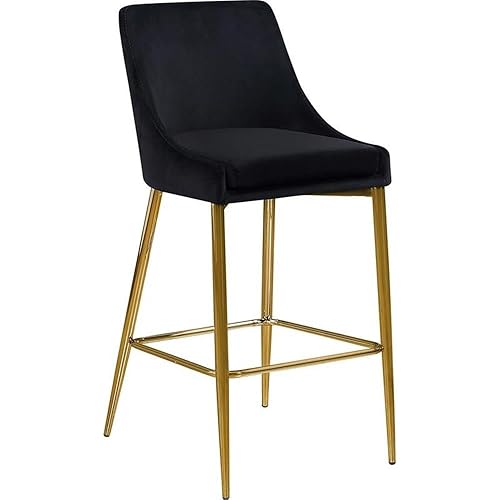 Meridian Furniture Karina Collection Modern | Contemporary Velvet Upholstered Counter Stool with Polished Gold Metal Legs and Foot Rest, Set of 2, Black