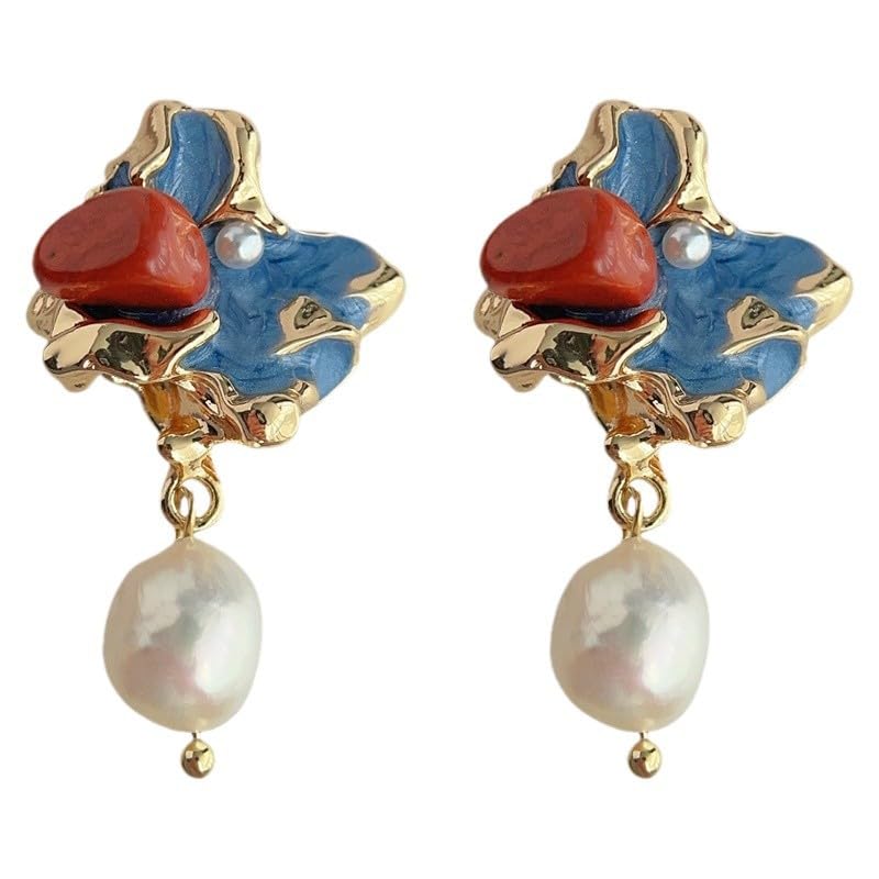 Boucles d'oreilles perles vintage anti-allergie cuivre doré pierre rouge