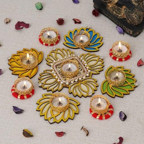 Image of Sanvatsar Home Decorative Lotus Rangoli & Lotus Diya Plastic, Floral Set|Corporate Gift,Diwali Gift,Diya For Puja Home Decoration Light Diya,Christmas Candle,Lighting,New Year Candle Set Of 9(White)