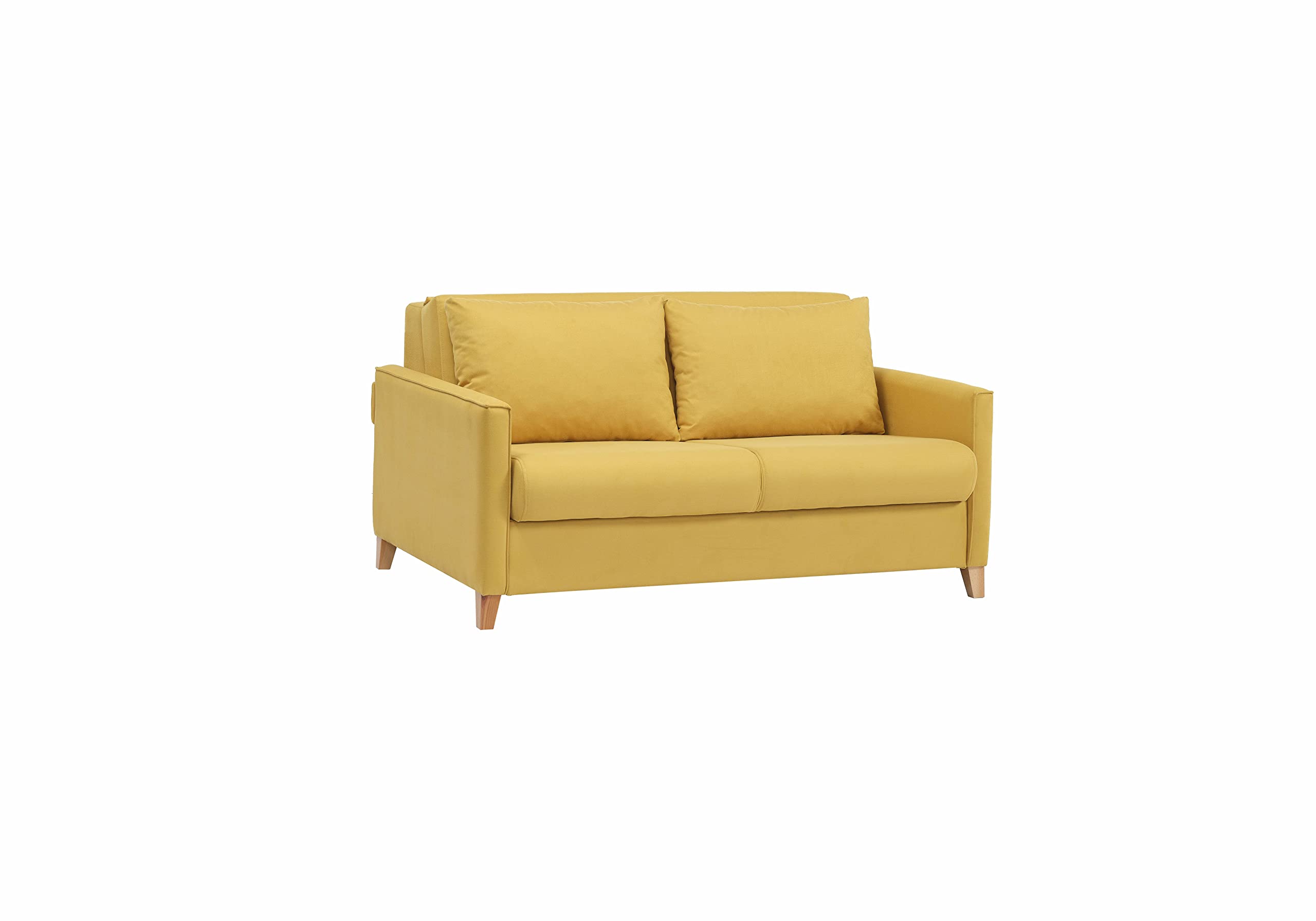 EVERGREENWEB - Divano Letto 2 posti con letto estraibile e spalliera reclinabile, Divano di design Moderno zampe di legno e cuscini in omaggio, Braccioli Slim, Materasso 140x190 - Margot Tortora