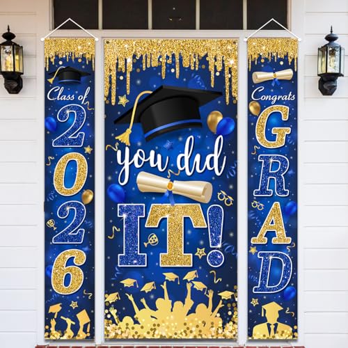Image of Blue and Gold Graduation Decorations Class of 2026 Congrats Grad Banner and You Did It Graduation Door Cover for High School College Grad Party Supplies(Blue)