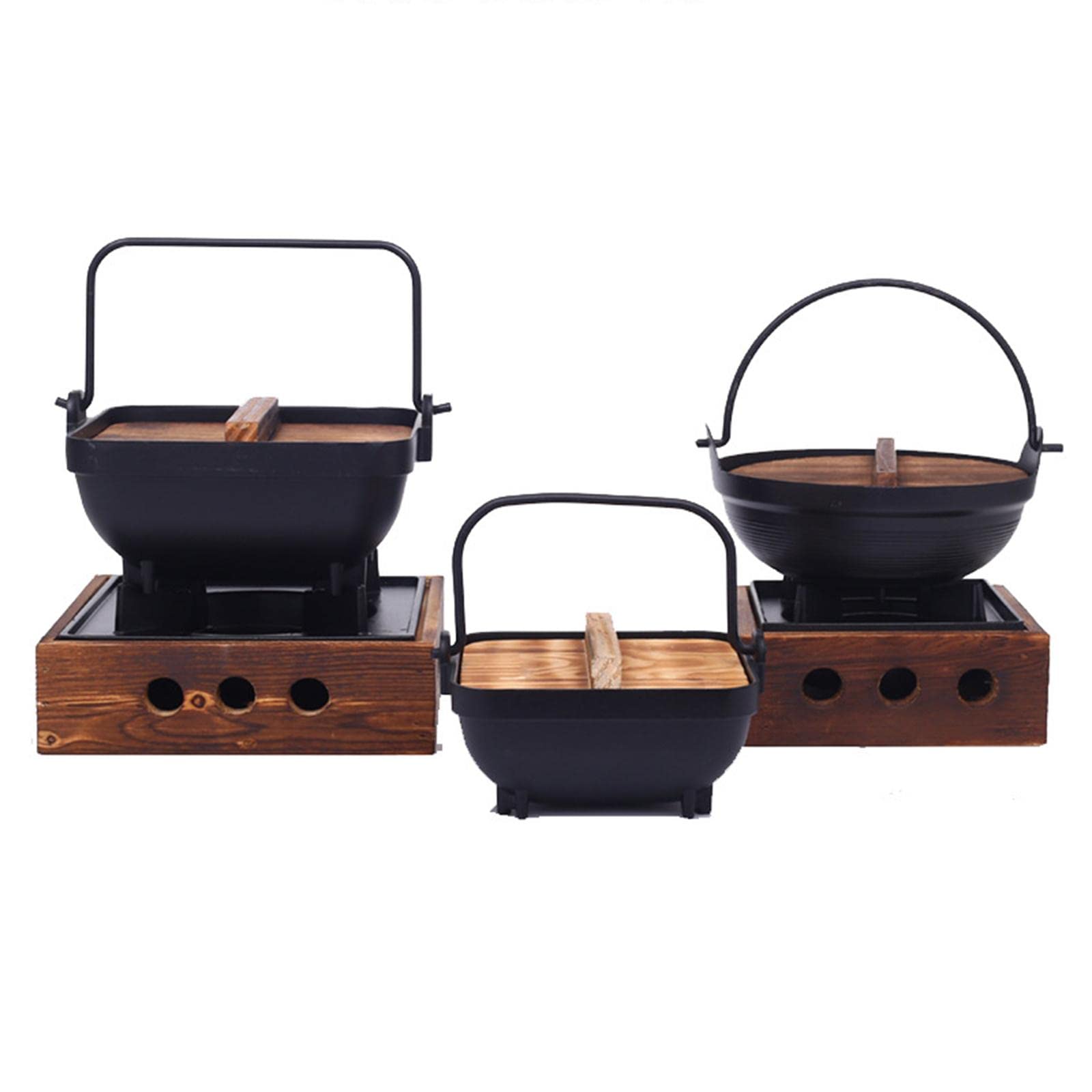 CALANDIS Cast Iron Hanging Pan Stock Pot W/Wood Lid Japanese Sukiyaki Stew Pot Camp Pot 20cm Base 20x6cm