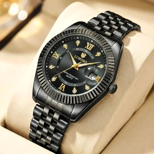 Image of Longbo Trident 83831 Analog Watch with Studded Dial Accents, Stainless Steel Bracelet, Luminous Hands & Date Display | Men | Office, Business, Formal & Gifting
