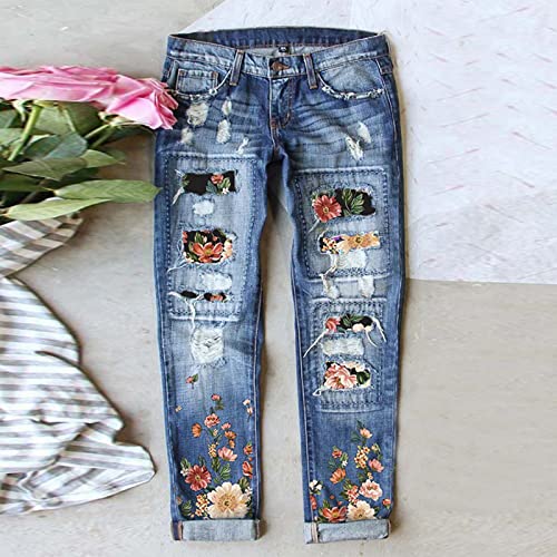 Boyfriend Jeans for Women Mid-Waist Distressed Ripped Hole Patch Flower Print Straight Denim Pants2