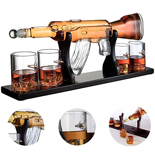 KANGLE Jarra de Whisky Grande de 1000 ml con 4 Vasos de Bala y Base de Madera de Caoba El Calentamiento de la casa Presenta Brandy Tequila Bourbon Scotch Rum Decantador de Whisky