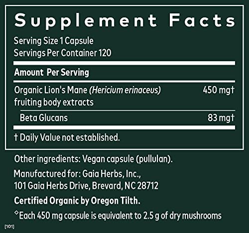 Gaia Herbs Organic Lion’s Mane Mushroom - Brain and Nerve Support Supplement to Help Maintain Neurological Health - with Organic Lion's Mane Mushrooms -120 Vegan Liquid Phyto-Capsules (120-Day Supply) - Image 3