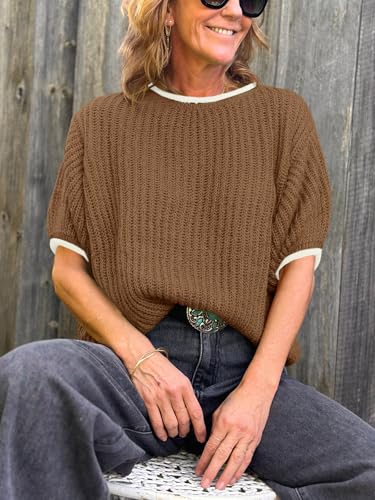 Image of Saodimallsu Womens Puff Short Sleeve Sweater Tops Spring Summer Color Block Ribbed Knit Crew Neck Going Out Shirts