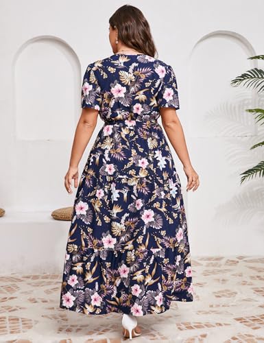 Image of ShopWonder Womens Plus Size V Neck Wrap Maxi Dress High Waist Ruffle Summer Casual Dress with Belt