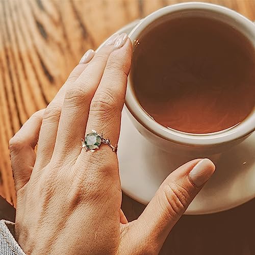 WES Ring for Women, Natural Moss Agate 925 Sterling Silver Birthstone Rings For Women Green Gems Engagement Wedding Jewelry Gift, Mothers Day Christmas Gifts 6