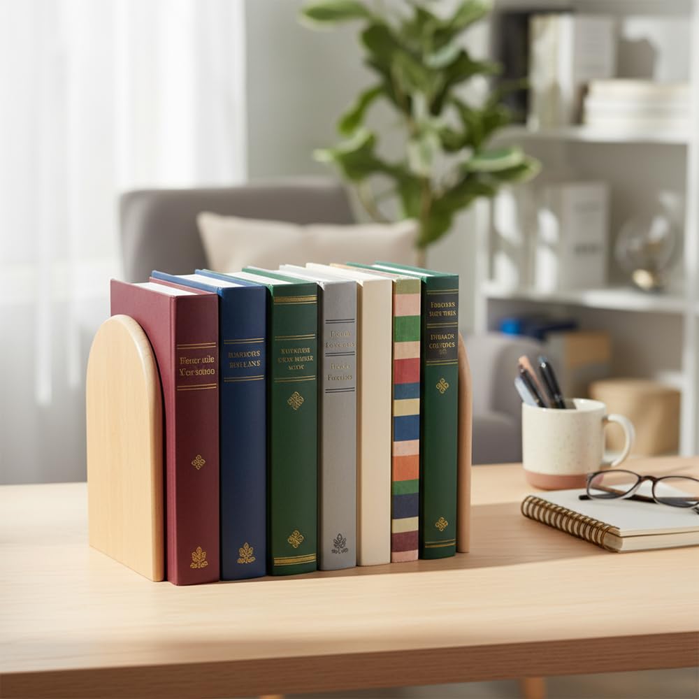 Sujetalibros de Madera, 2 Aguanta Libros, Sujetalibros de Haya Soporte para Estantes, Sujeta Libros Estanteria Antideslizantes, Separador de Libros Apoya Libros Bookends (10.5x12x17cm)