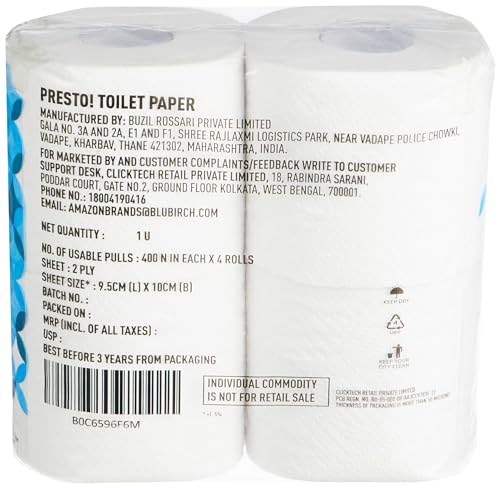 Image of Presto! 2 Ply Toilet Tissue Paper, 100% Natural virgin paper - Pack of 4 (400 Pulls per Roll)