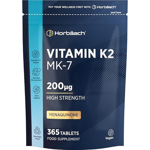 Vitamin K2 MK7 200ug | 365 High Strength Tablets | Menaquinone MK-7 | Suitable for Vegetarians and Vegans | by Horbaach