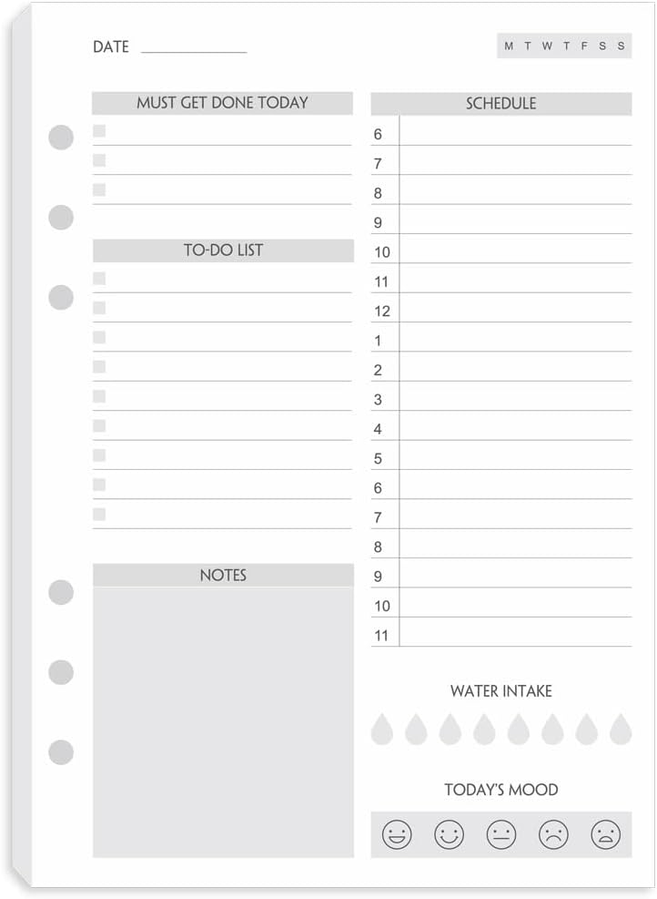 (Set of 270 Sheets) A5 To Do List Refill Paper, Undated Daily Schedule, Day Priorities, Notes and Water Tracker, 6-Hole Punches, 5.82"x8.26"