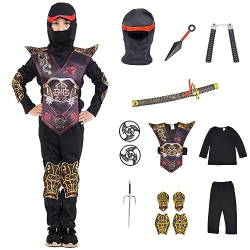 ZUCOS Disfraz infantil de ninja para Halloween, disfraz de dragón ninja, músculos, disfraz de carnaval (negro, 10-12 años)