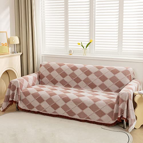 LHGOGO Rautenmuster Sofaüberwurf Decke Umkehrbare XXL großer Couch Überwurf Sofa Cover dekorativer Sofabezug Sofadecken zum Abdecken Tagesdecke mit Quasten - Ziegelrot, 180x300cm