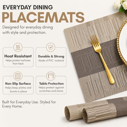 Image of Solitude Set of 6 Dining Table Placemats | Non-Slip PVC Table Mats, Heat Resistant, Washable, Stain-Resistant Surface, (Silver & Grey, 45 x 30 cm)