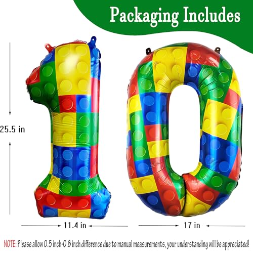 Image of 32 Inch Building Block Number 10 Balloons birthday Block Themed Large Big Helium Foil Mylar Balloon for Girls Boys Birthday Party Decoration Supplies
