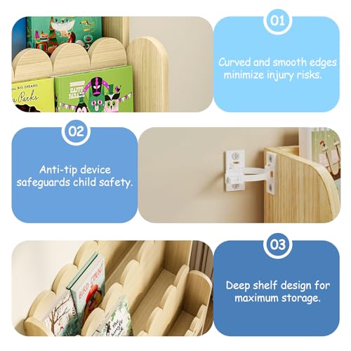 Image of EXPERLAM 2-in-1 Kids Bookshelf with Toy Storage Drawers, Scalloped Montessori Bookcase Front Facing for Toddlers, Solid Wood Book Display & Organizer for Nursery, Playroom, Bedroom & Classroom